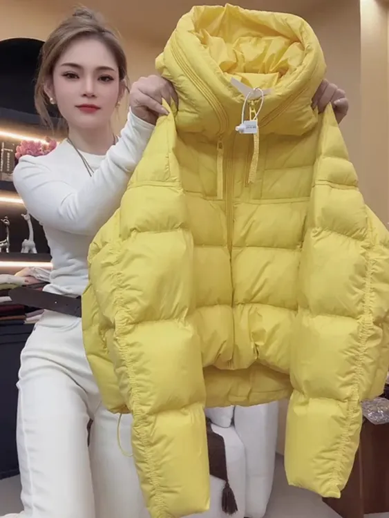 韩版双拉链连帽黄色棉服秋冬新款时尚小个子宽松百搭加厚外套女