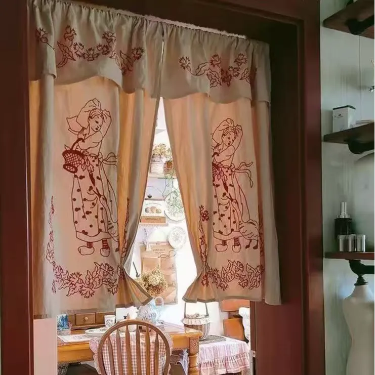 玄关法式中式日式田园风棉麻少女天鹅免打孔半帘窗帘门帘隔断窗帘