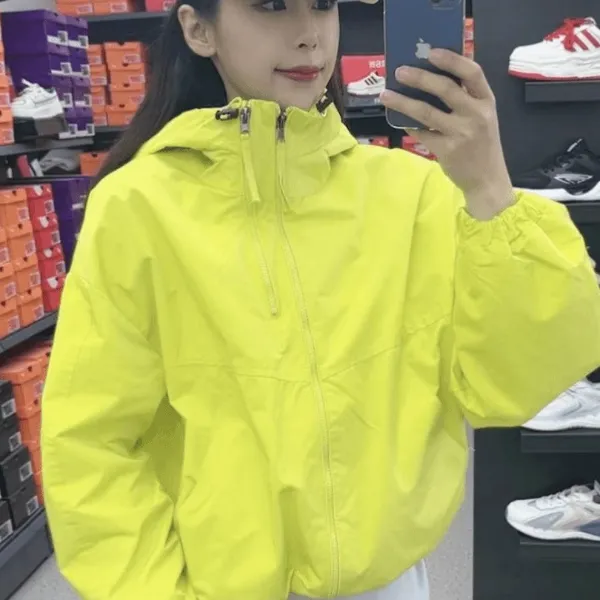 双拉链连帽小个子短款外套女春季新款宽松显瘦下摆抽绳冲锋衣上衣