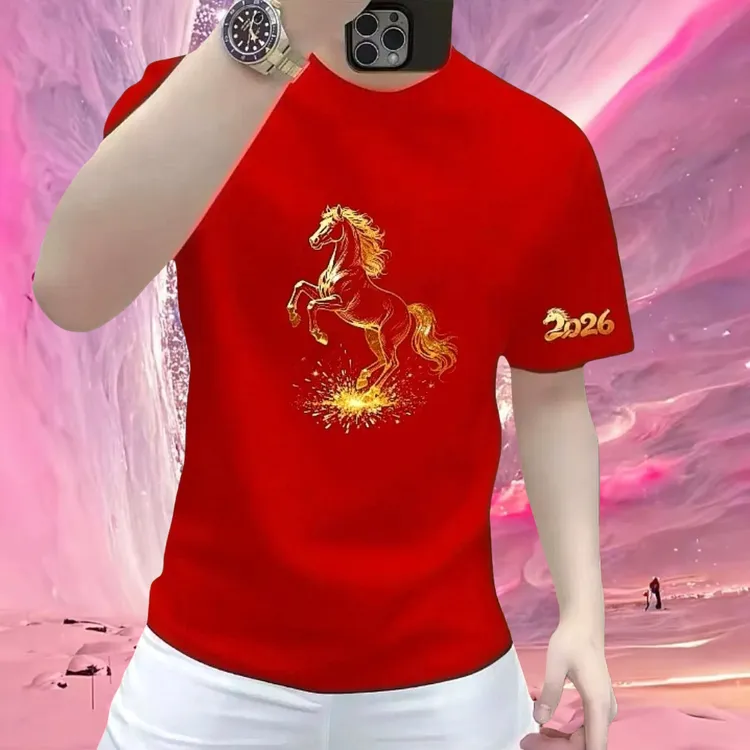 本命年红色2026骏马印花短袖圆领男士潮流百搭个性上衣半袖