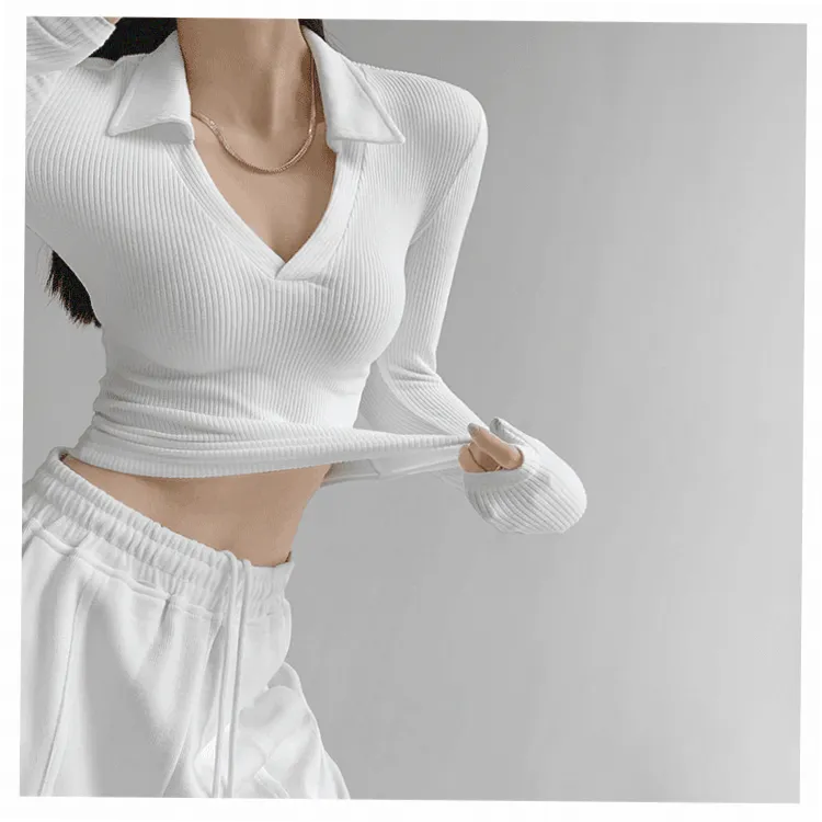 莲叶翻领长袖恤女秋新款韩版螺纹辣妹修身百搭打底衫上衣