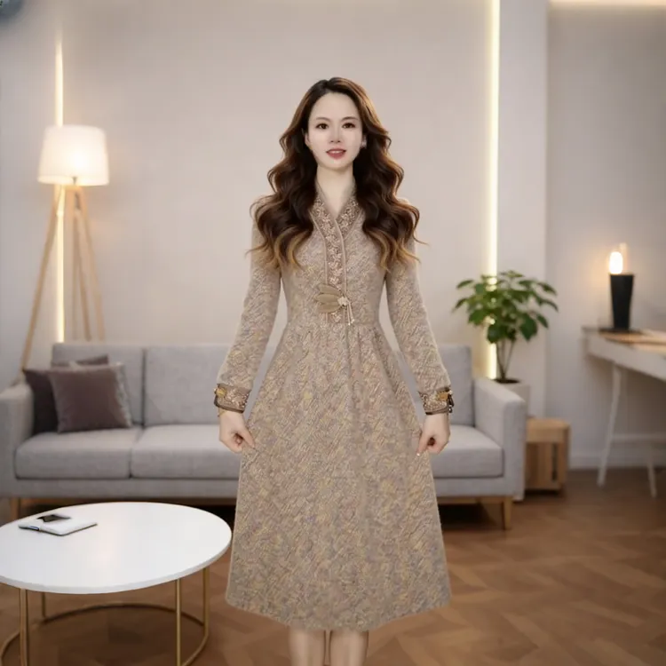 新款2025显瘦高腰设计通勤日常百搭潮流连衣裙洋气长袖蕾丝碎花