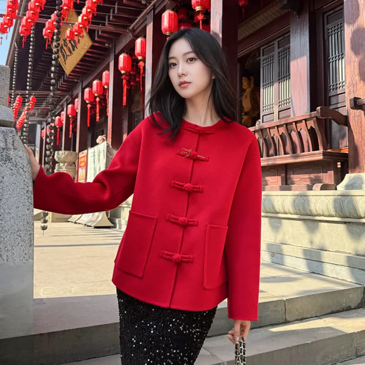 【新年战袍】新中式羊毛双面呢大衣订婚红色拜年服国风上衣外套1972