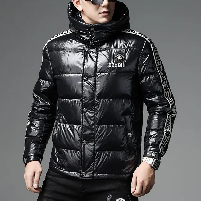 约文库费羽绒服男士冬季黑色亮面潮牌连帽刺绣加厚外套防寒白鸭绒