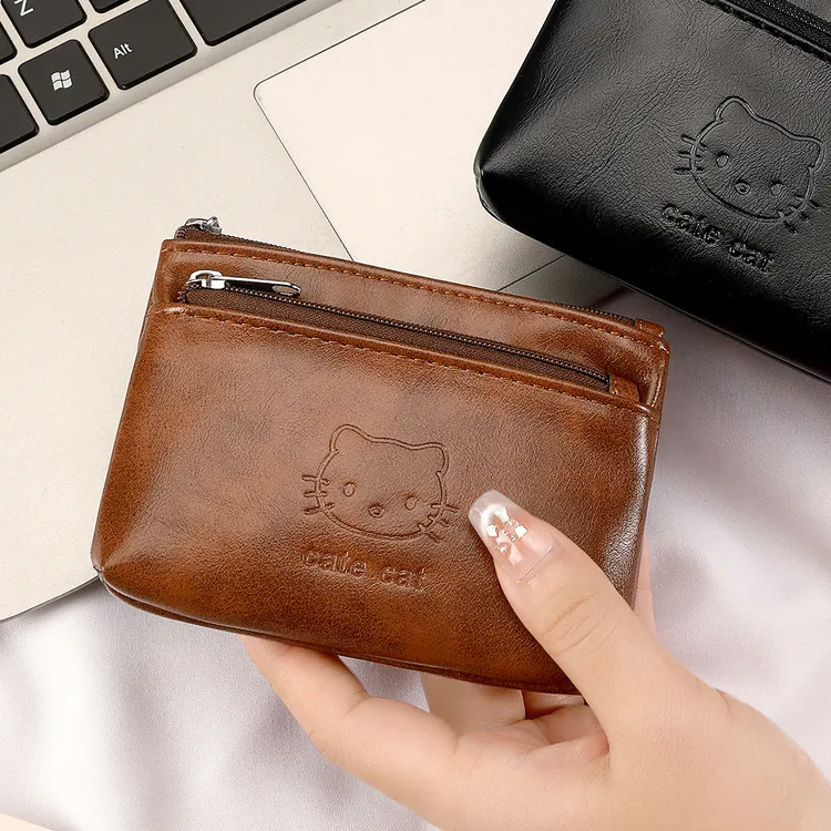 小众Kitty双层拉链小钱包便携证件卡包复古软皮零钱包简约硬币包