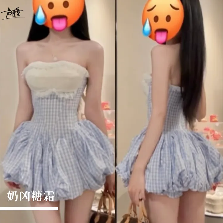 龙怼怼推荐【奶凶糖霜】显瘦夏季A字连衣裙辣妹短款性感少女格子