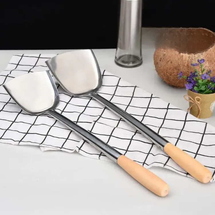 不锈钢厨师锅铲酒店厨房专用菜铲子木钢柄长柄炒锅大铲家用铁铲子