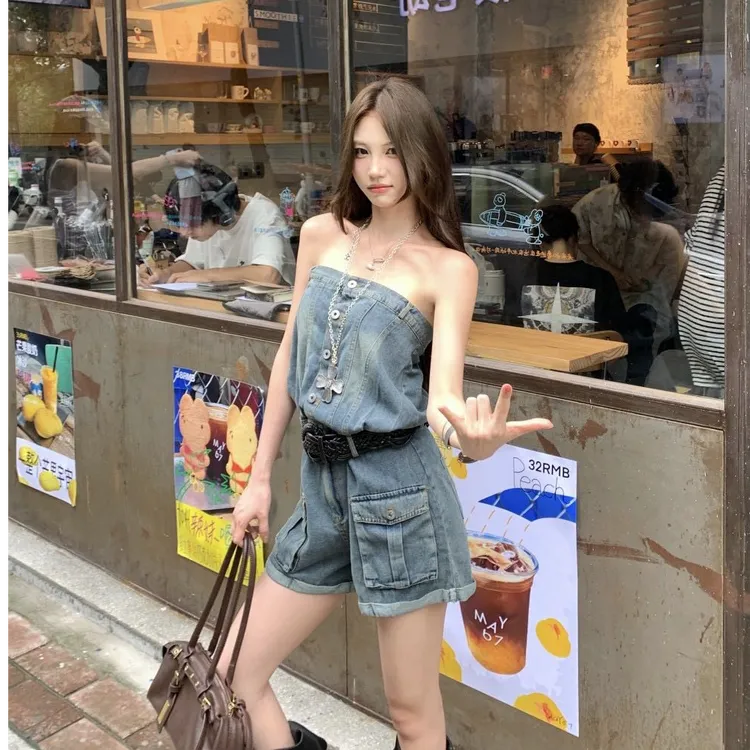 美式辣妹穿搭女2025夏季新款设计感蓝色牛仔连体裤时尚复古短裤