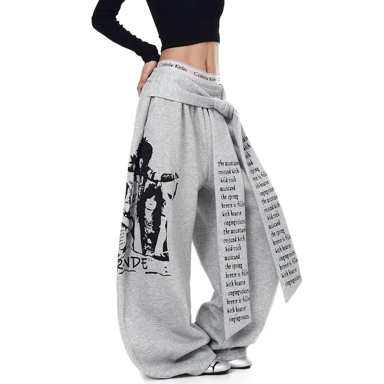 美式复古绑带叠穿卡通印花嘻哈休闲卫裤女宽松爵士舞春秋新款阔腿