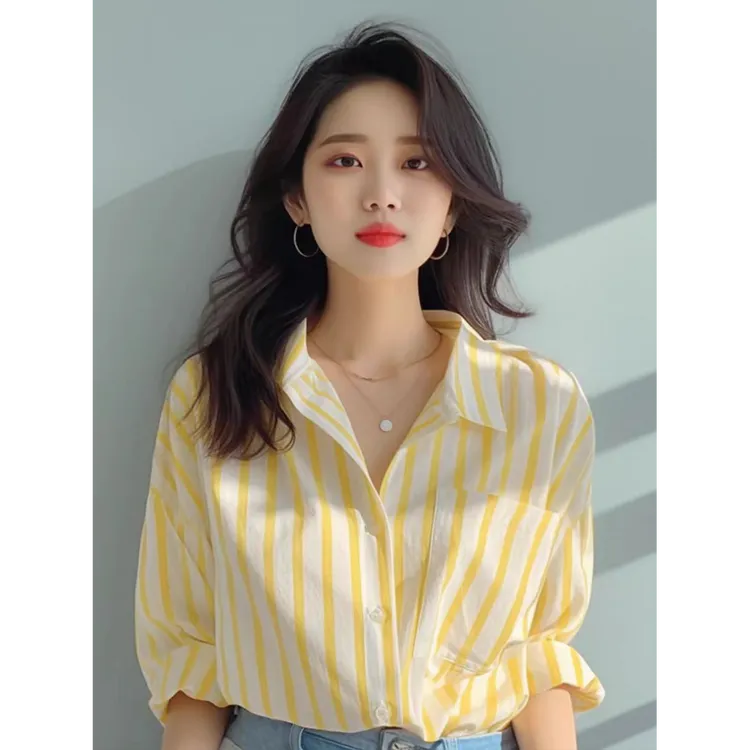 法式黄色条纹衬衫女春夏新款通勤百搭衬衣设计感小众时尚职业上衣