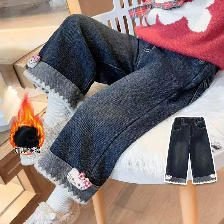 女童加绒牛仔裤冬季2025年新款冬款儿童一体绒裤子卡通猫直筒裤