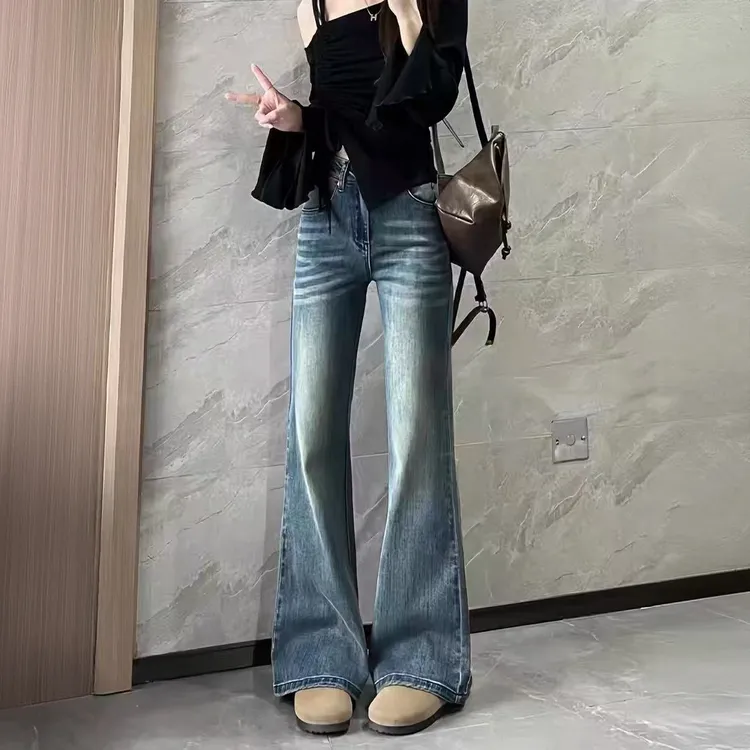 蓝色复古水洗微喇牛仔裤女2025秋季新款高腰显瘦时尚百搭马蹄裤子