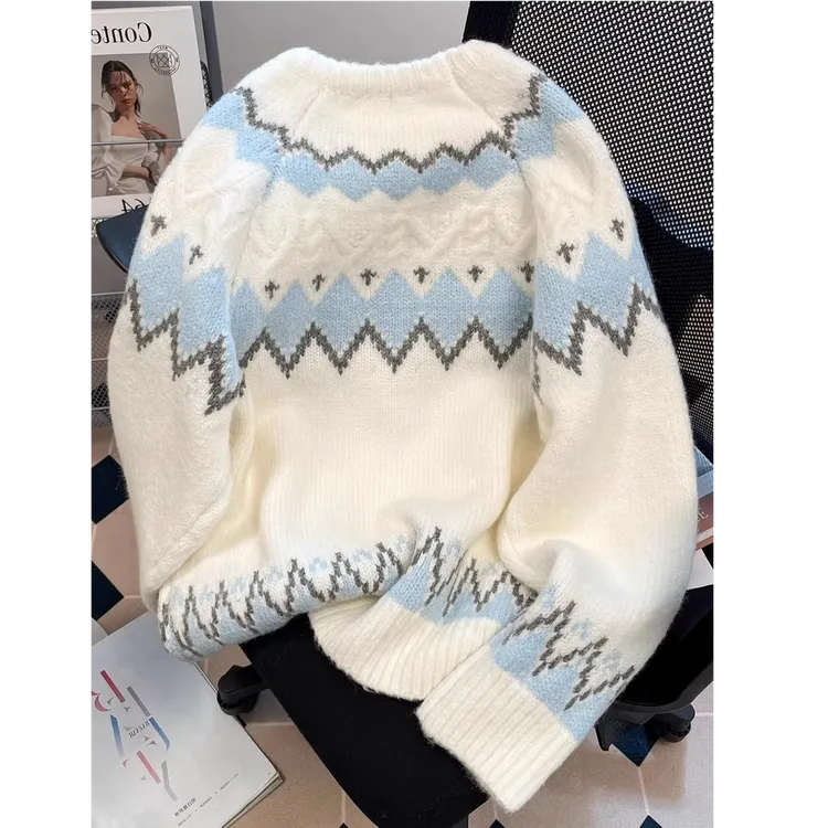 PIPIKISD费尔岛菱格撞色套头毛衣男女冬季慵懒高级感提花针织衫