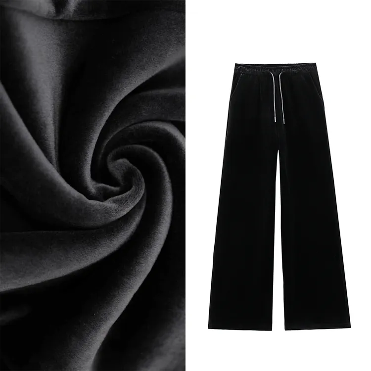简约舒适柔垂宽松丝绒松紧腰休闲长裤女装秋冬款CZ