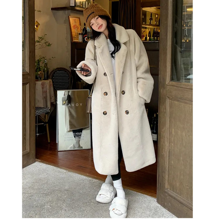 源头工厂清仓西装领女厚款直下摆毛毛外套宽松长款秋冬