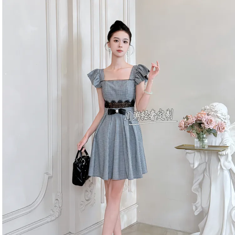 【周粥定制】国内设计师品牌 气质格子小个子显瘦轻奢连衣裙15497