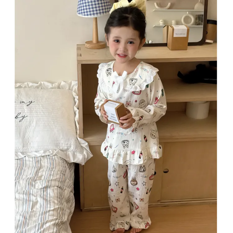 韩版公主领蕾丝花边儿童睡衣女中大小童春秋季长袖洋气家居服套装