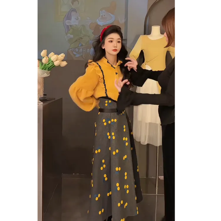 秋季套装女2025新款大码女装法式绝美气质上衣高腰半身裙两件套装