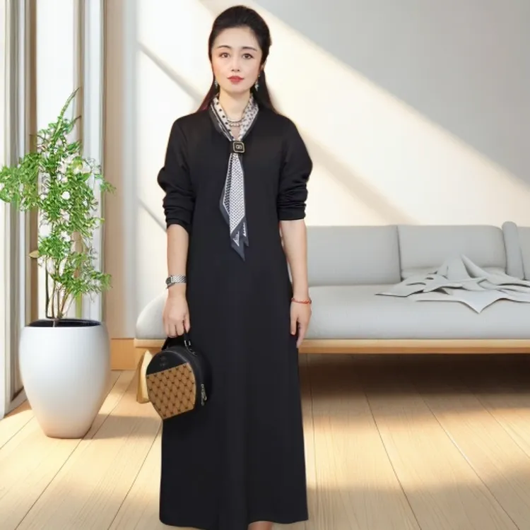 秋季丝巾领套头V领显瘦宽松腰连衣裙气质复古休闲少女风