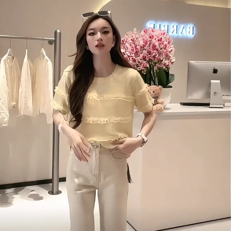 短袖常规薄款常规袖短款毛针织衫时尚百搭夏季设计师女装印花