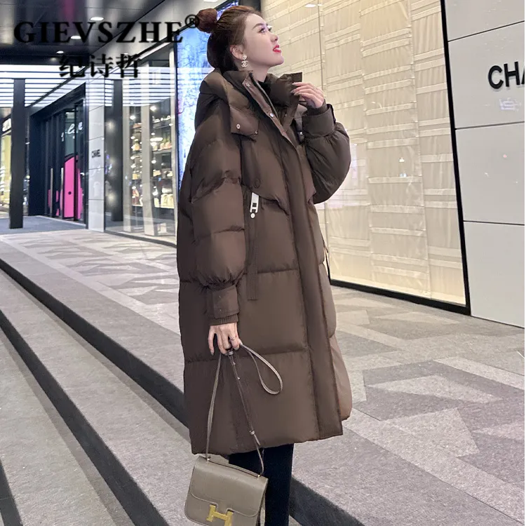 纪诗哲羽绒服女冬季新款设计感保暖加厚中长款过膝白鸭绒连帽外套
