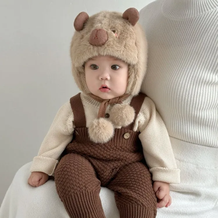 婴幼儿毛绒护耳帽子秋冬季可爱小熊男女宝宝保暖雷锋帽婴儿毛绒帽
