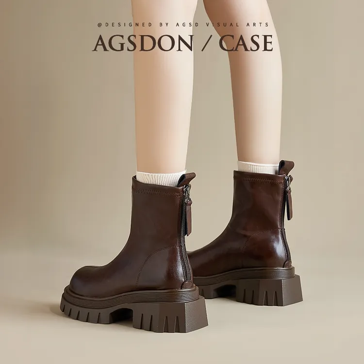 奥古狮登棕色马丁靴女2025新款秋季厚底美拉德短靴瘦瘦切尔西靴子