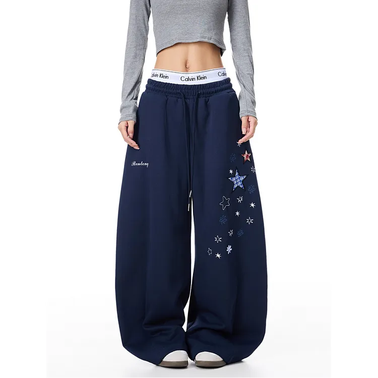 美式复古星星学院风弯刀休闲裤男女宽松阔腿百搭卫裤设计感潮