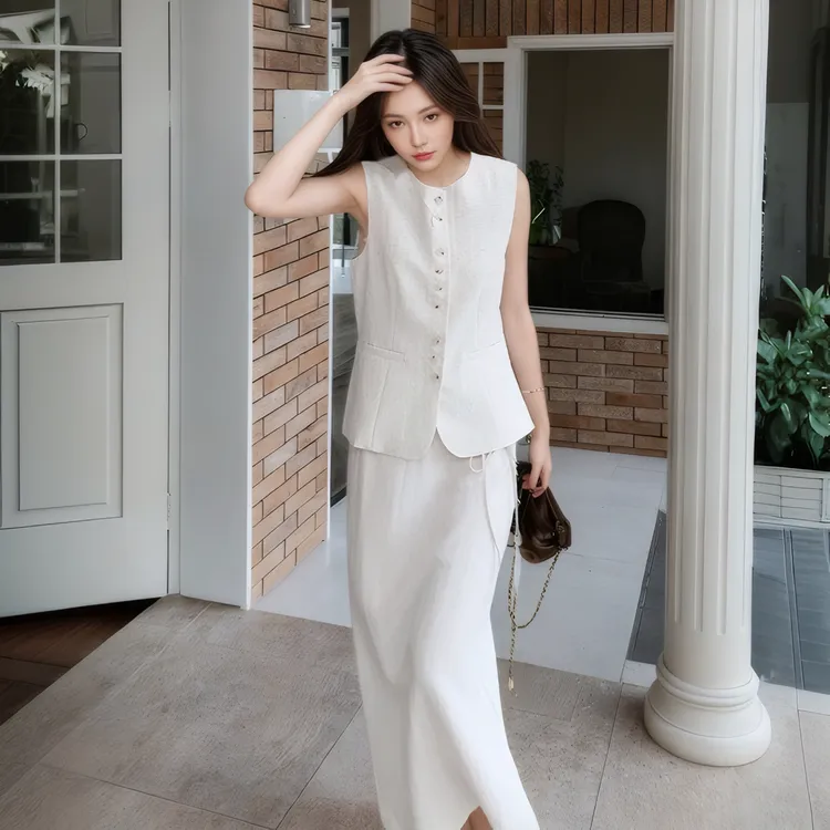 2025新款米白色优雅气质两件套女夏高级感显瘦无袖马甲半身裙套装
