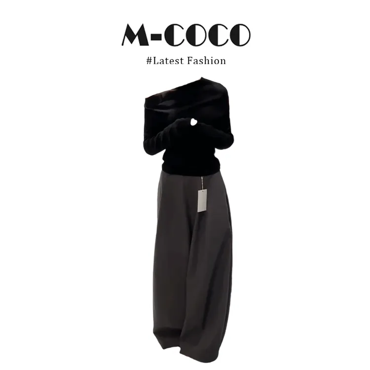 MARIE.COCO慵懒风松弛感不规则斜肩黑色针织衫上衣休闲气球裤套装
