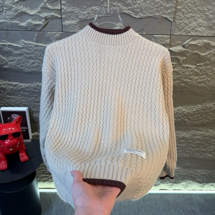 高档新款半高领拼色毛衣男士冬季时尚波浪针织打底衫潮流上衣8570