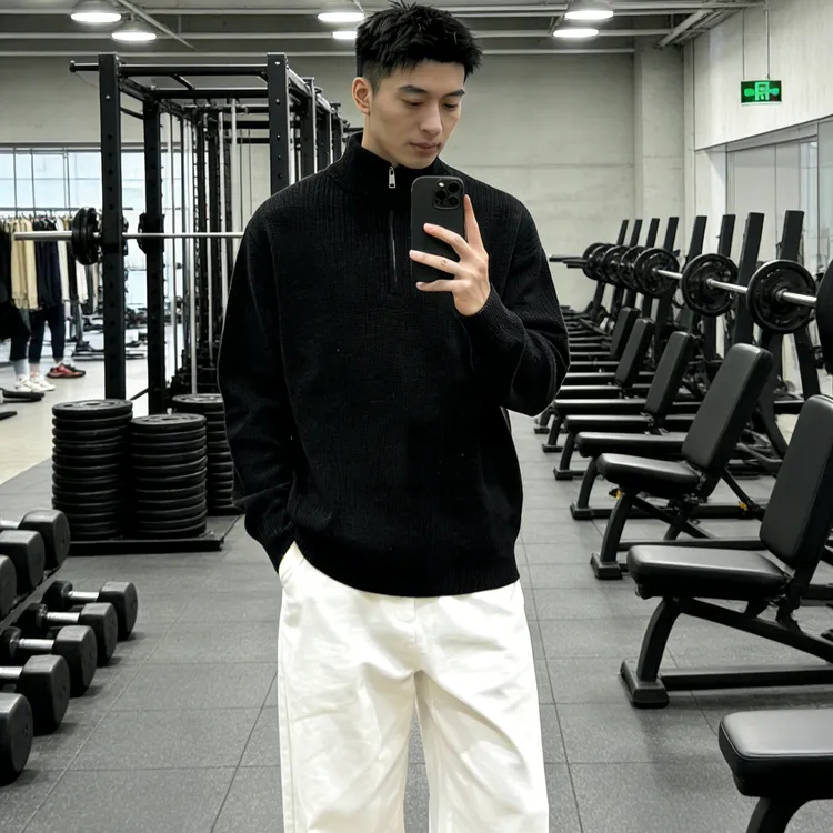 OUY秋冬毛衣半拉链高立领加绒加厚保暖套头ins纯色时尚百搭针织衫