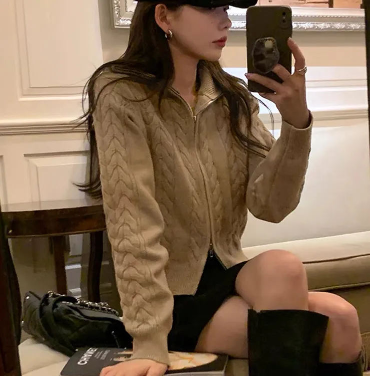 100%纯羊毛女士麻花羊毛衫百搭小众长袖针织开衫高端时尚打底开衫