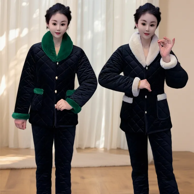 中老年翻领套装冬季加绒保暖显瘦女士棉袄棉裤加厚修身时尚两件套
