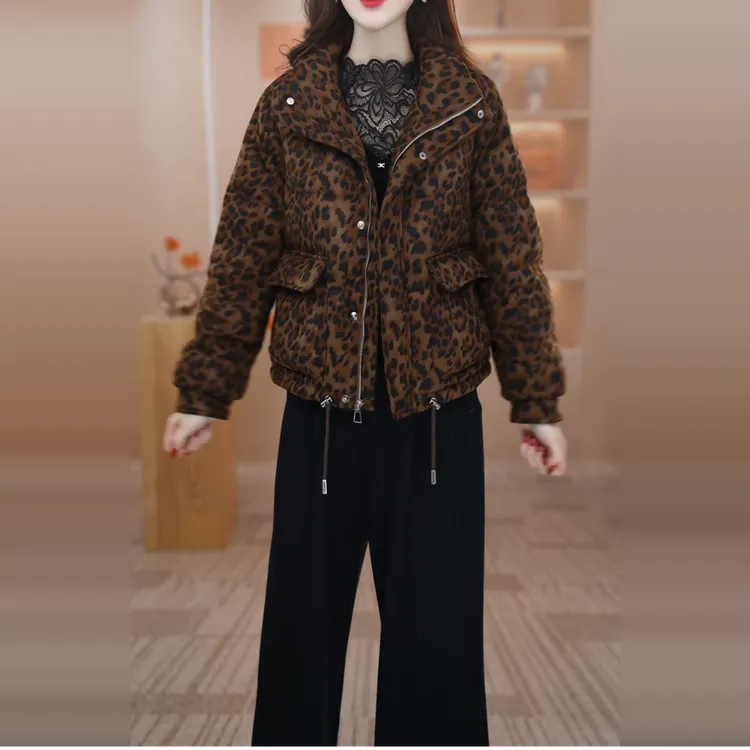 豹纹立领短款羽绒服冬季新款气质时尚洋气加厚保暖白鸭绒羽绒服