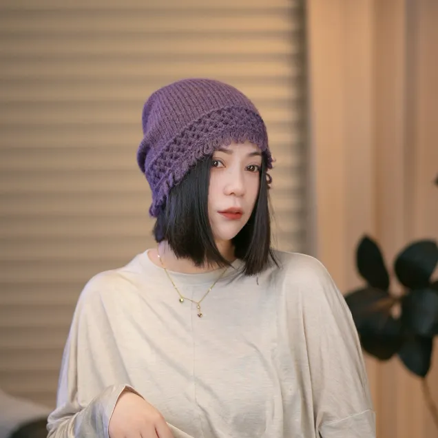 日系手工编织镂空包头帽子女显脸小帽子氛围感针织冷帽