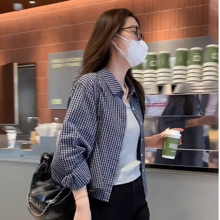 复古翻领格子衬衫外套女秋季韩系秋装网红洋气炸街女装