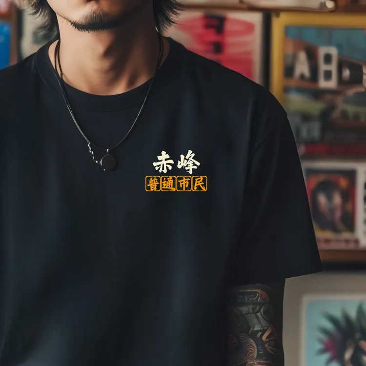 赤峰各区城市名称文化衫国潮男士黑色百搭圆领短袖T恤印花纯棉夏