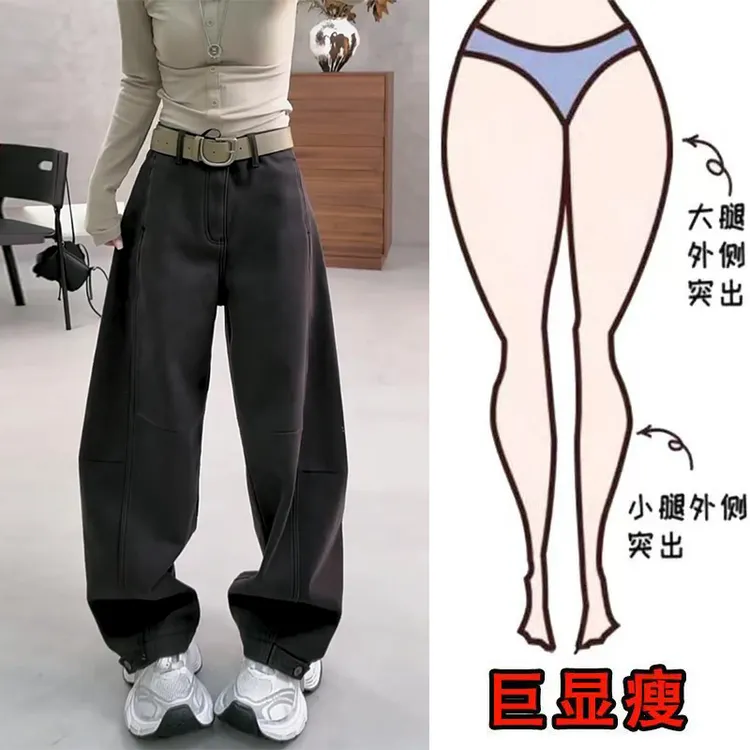 冬季新款美式时尚复古水洗高街加绒工装风遮肉显瘦高腰弯刀牛仔裤