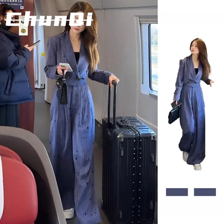 淳启小众收腰套装秋季新款西服领短上衣宽松阔腿裤版两件套时尚潮