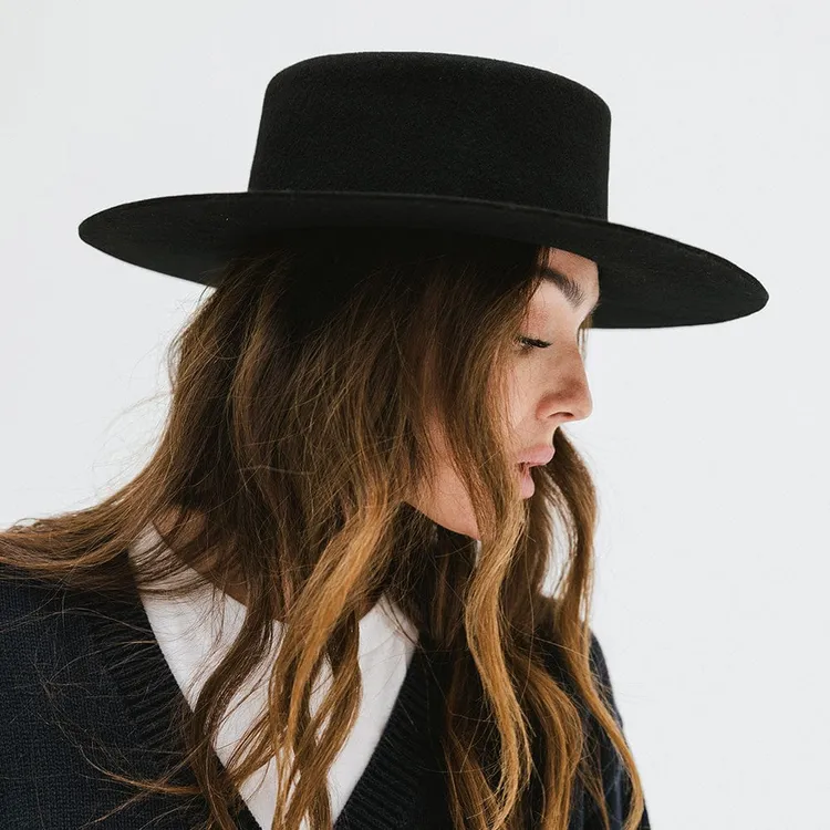 高端纯羊毛复古法式平顶礼帽女大檐爵士帽秋冬季时尚休闲硬顶毡帽