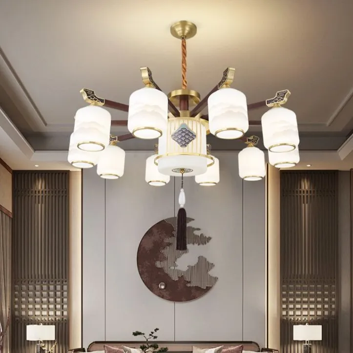 新中式山水客厅吊灯高档大气全铜乌檀木大厅灯别墅自建房中空大灯