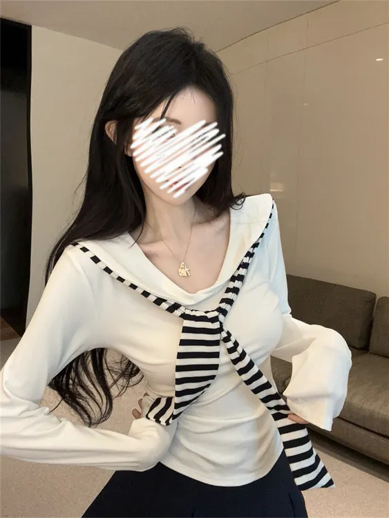 学院风海军领条纹披肩长袖t恤女秋绝美漂亮上衣巨好看打底衫内搭
