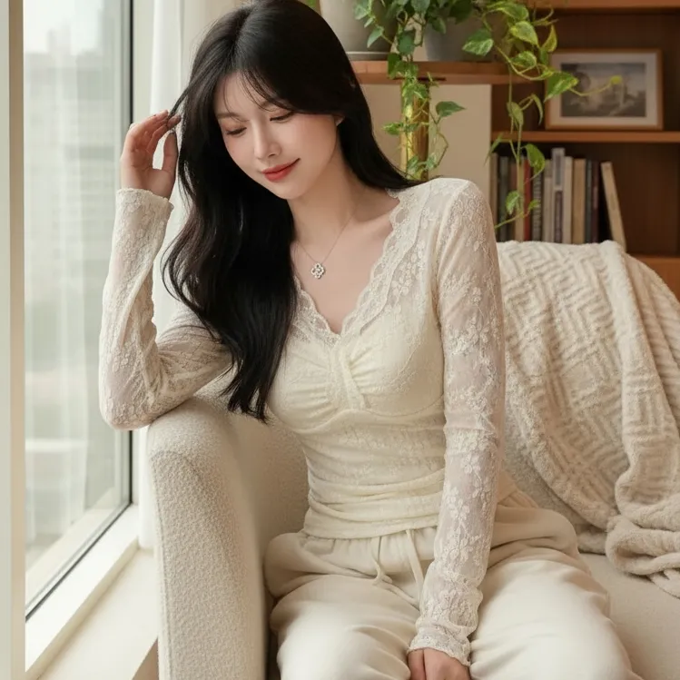 纯欲风性感蕾丝花边v领长袖t恤女春夏秋冬紧身短款内搭辣妹风上衣