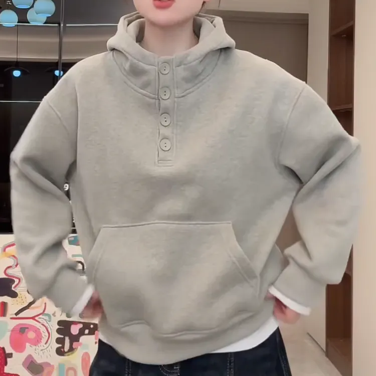 2025冬季加绒新款单排纽扣连帽口袋卫衣时尚LK2507912