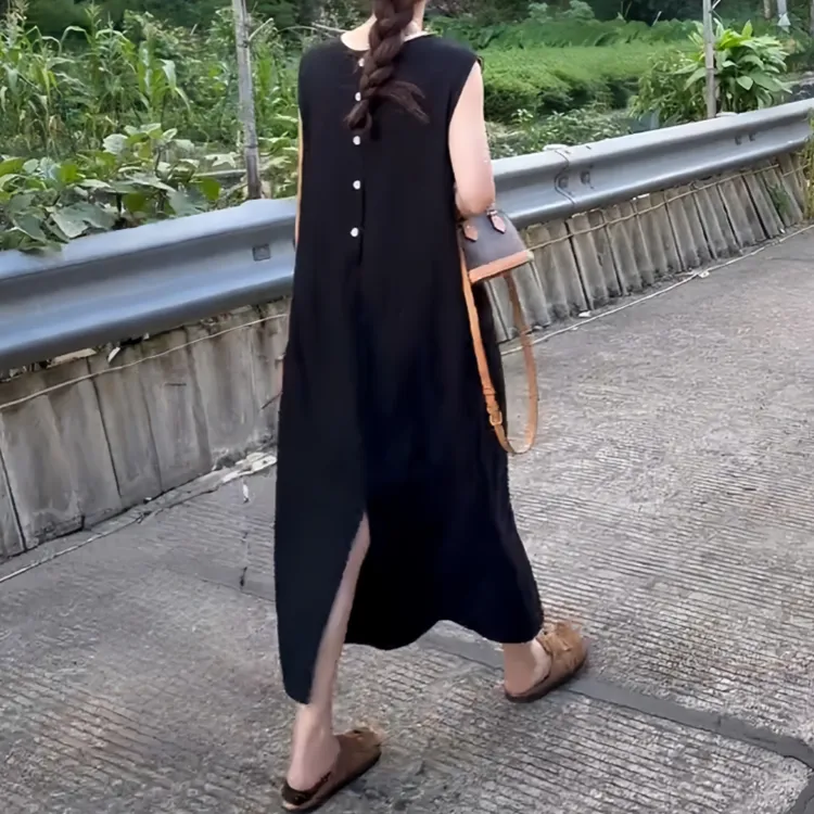 秋季时尚气质休闲风黑色中长裙常规连衣裙无袖开叉长裙百搭连衣裙
