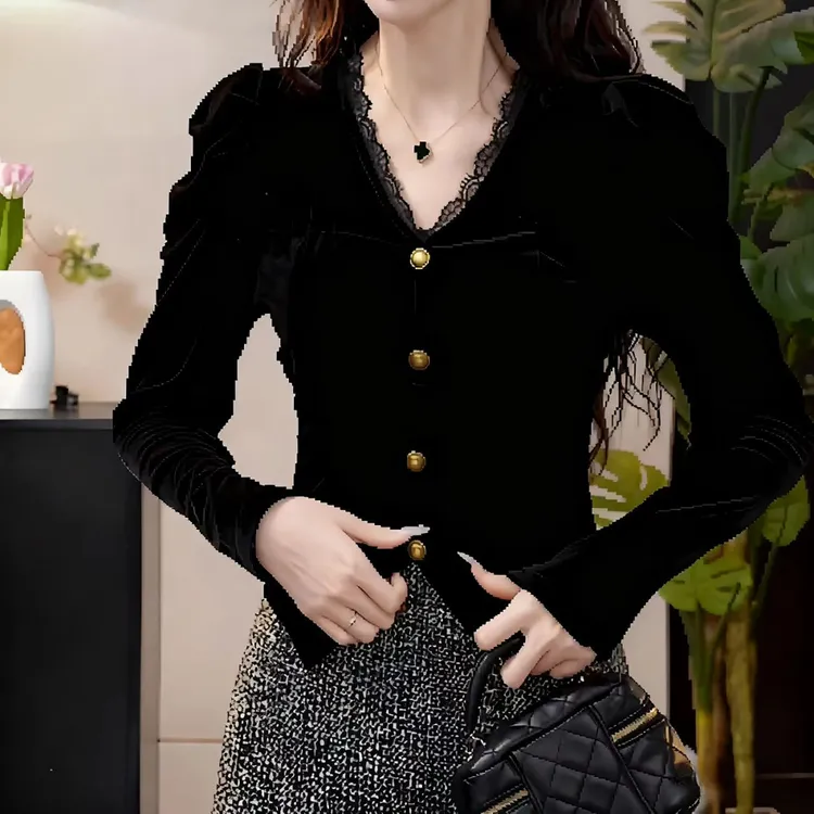 法式小香风长袖打底衫春秋蕾丝花边拼接金色扣子丝绒衬衫女打底衫