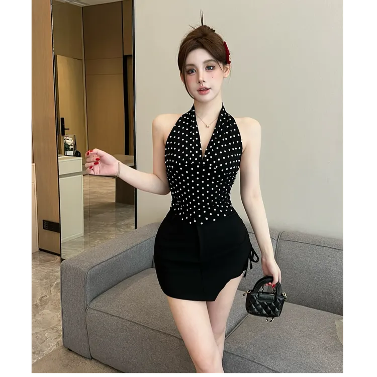 法式复古波点V领挂脖背心上衣女百搭规则抽绳半身裙