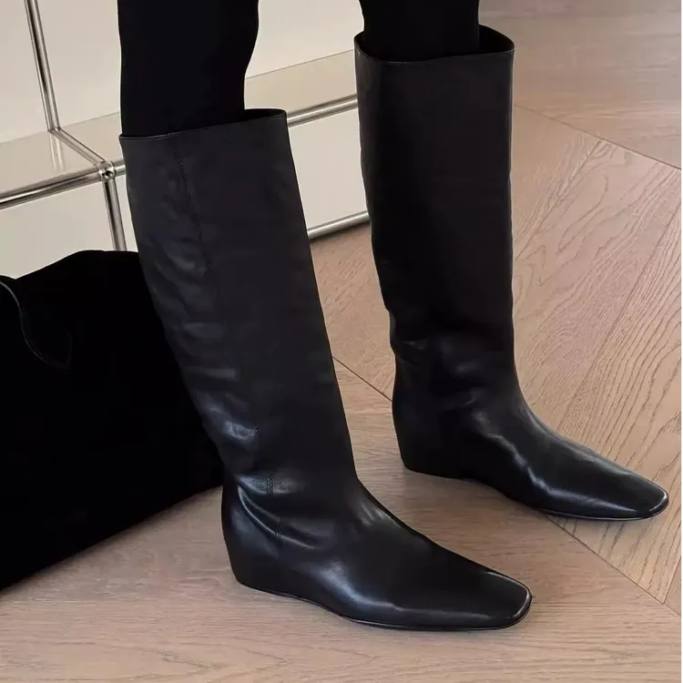 诗歌兰真皮女靴2025秋冬款百搭时尚内增高方头高筒长靴马丁靴长靴