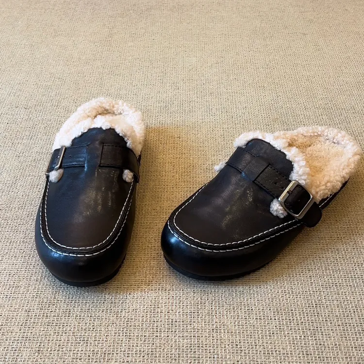 RubyL/3cm秋冬外穿复古风懒人一脚蹬皮带扣圆头加绒包头拖鞋女款